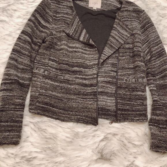 Ann Taylor LOFT Small Striped Zippered Marled Moto Gray Brown Jacket - Picture 3 of 9